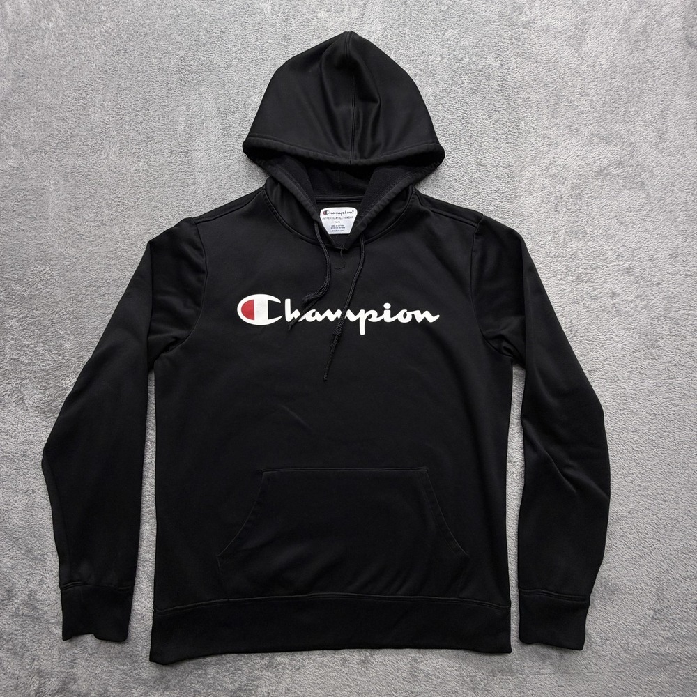 Champion Hoodie Mens Medium‎ Black Fleece Pullover Script Logo Sweatshirt